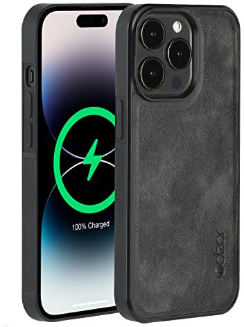 molzar GripBig Series iPhone 14 Pro Hülle mit Kunstleder kompatibel mit MagSafe Ladegeräten & Zubehör, Eingebaute Metallplatte für Magnethalterung, kompatibel mit iPhone 14 Pro, Schwarz/Schwarz