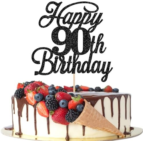 Rsstarxi 1 Pack Happy 90th Birthday Cake Topper Black Glitter 90 & Fabulous Cheers to 90 Years Old Birthday Cake Pick for Celebrating 90th Birthday Anniversary Party Cake Decorations Supplies