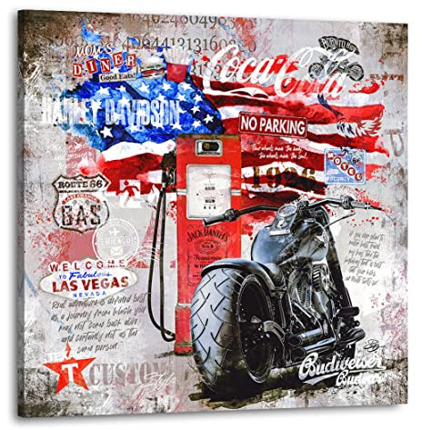 Kunstgestalten24 Leinwandbild Harley Davidson Route 66 Grey Style Wandbild Kunstdruck Wanddeko XXL