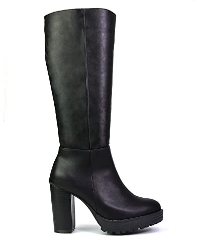 ESSEX GLAM Womens Knee High Boots Ladies Platform Block Heel Long Biker Style Winter Shoes Size 3-8