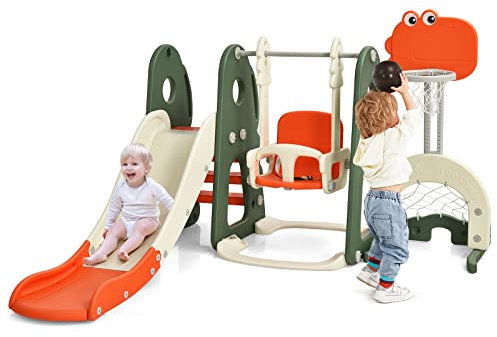 DREAMADE Ensemble Toboggan et Balançoire 6 en 1 pour Enfants 3-8 Ans avec Panier de Basketball, Football, Golf, Aire de Jeux en Forme de Dinosaure, pour Intérieure/Extérieure (Orange Vert)