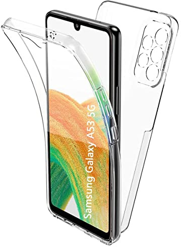 PEIYE Funda para Samsung Galaxy A53 5G, 360 Grados Completa Protección Bumper Transparente Carcasa [ Protector de Pantalla Integrado ] -Transparente