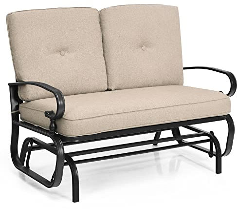COSTWAY 2-Person Outdoor Glider Bench, Patio Double Swing Rocking Chair with Cushions, Steel Frame Garden Loveseat Relax Gliding Chair for Balcony, Porch and Poolside (Beige, 120 x 68 x 85cm)