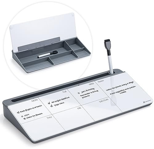 Varhomax Schreibtisch Organizer, Desktop Whiteboard Wochenplaner Glas Grau Mit Aufbewahrung Abwischbar, To Do Liste, Notizblock und Tastaturständer für Homeoffice, Büro und Schulbedarf