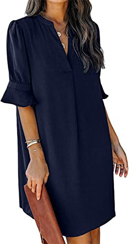 JOCAFIYE Frauen V-Ausschnitt Rüschen Hemdkleid Einfarbige Casual Sommer Kurzes Einfarbig Kleid Blau M