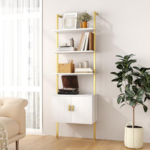 Gadroad 73 Tall Bookshef with Cabinet, Wall Mounted Industrial Ladder Bookcase with Wood and Metal Frame, 5 Tier Plant Shelf Display Storage Shelves for Living Room Bedroom, White Gold