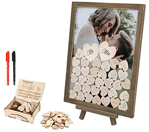 IGTOPS Livre d'or de mariage en bois avec cadre photo, 100 cœurs en bois à écrire et 2 marqueurs pour livre d'or de mariage, anniversaire et baby shower