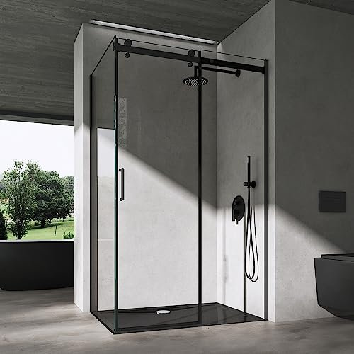 doporro Duschkabine mit Schiebetür Eckdusche 90x100x195cm Duschabtrennung Schwarz 8mm ESG-Sicherheitsglas Klarglas mit schwarzer Duschtasse inkl.Nano-Beschichtung Ravenna19