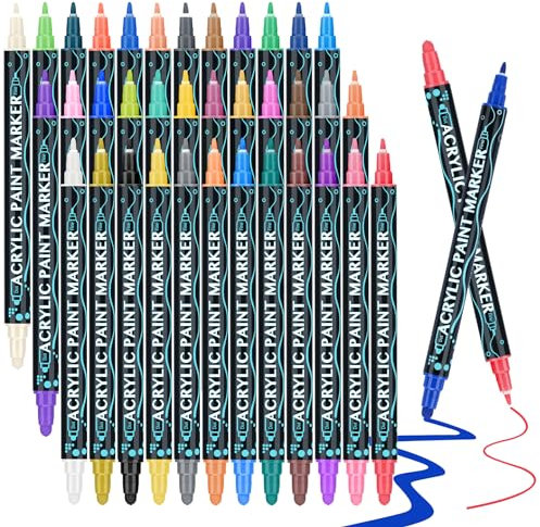 Tesmien Dual Tip 36 Colors Acrylic Paint Pens for Rock Painting, 1-5mm Waterproof Colouring Pens for Kids Adults Drawing, Acrylic Paint Markers for Rocks, Wood, Glass, Fabric, Stone & Canvas