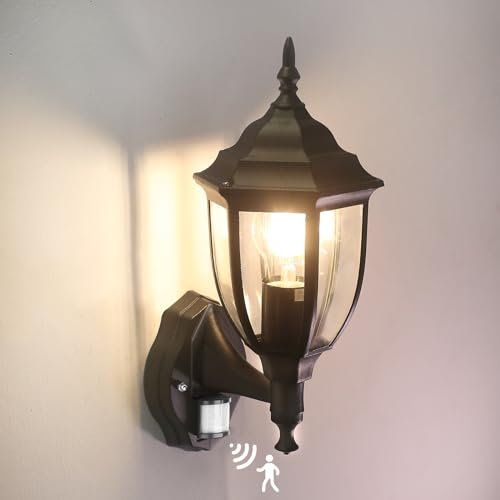 HLFVLITE Motion Sensor Outdoor Light, E27 Aluminum Outside Wall Lantern, Waterproof Max 60W Porch Lamp, Vintage PIR Exterior Light Fixture
