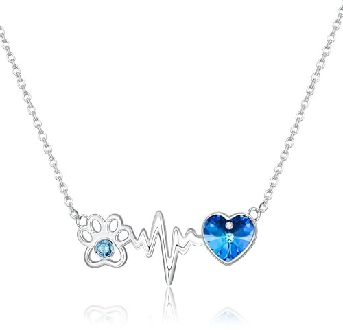 Pfoten Kette 925 Sterling Silber Hund Katzen Pfote Herz Kristall Anhänger Halskette Katze Hund Pfote Schmuck Geschenke für Damen Frauen Mädchen
