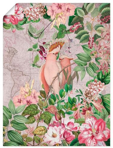 ARTLAND Wanddeko Poster & Kunstdrucke Wandposter 45x60 cm Hochformat Papagei Kakadu Garten exotische Pflanzen Blumen Vintage U4VW