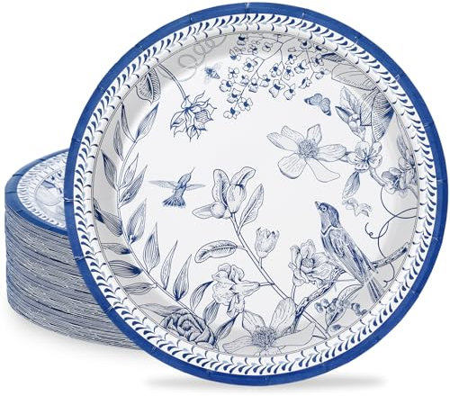 AnyDesign 24Pcs Blue White Paper Plates 9 Inch Vintage Flower Bird Design Disposable Plates Spring Floral Decorative Dinner Plates for Birthday Baby Shower Wedding Party Table Decor