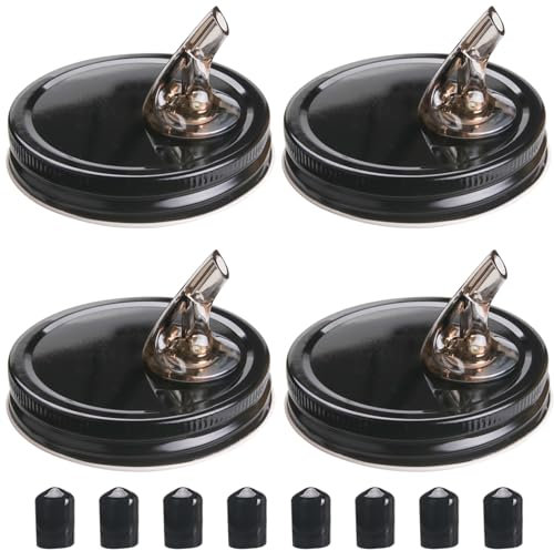 Mason Jar Pour Spouts, Free Flow Spouts, Mason Jar Moonshine Lid Regular Mouth Size 86mm Dispenser Keimabdeckung Auslaufsicher 4er Pack + 8 schwarze Deckelkappen (4 Schwarz 86mm)