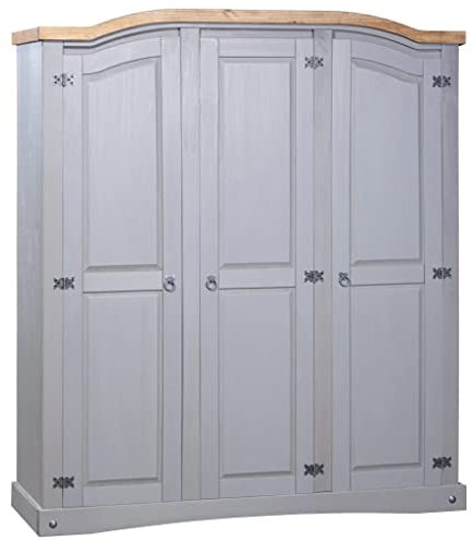 vidaXL 3-Door Wardrobe in Grey/Brown - Solid Pine Wood Armoire in Mexican Corona Style with Shelving & Hanging Space for Bedroom
