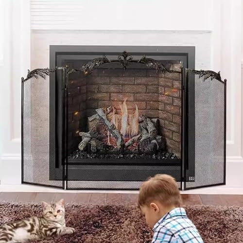 Funkenschutzgitter Antiker Messingkamin -Bildschirm 3 Panel Faltbar, Haustiere Child Safe Fire Place Cover Funkenschutz für Holzbrennkamin, Handgefertigtes Schmiede