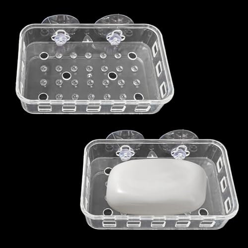 2 Pack Suction Cup Soap Dish Holder Soap Case Clear Acrylic Plastic Wall Mounted Shower Soap Holder Bathroom Kitchen Accessory Securely Holds Bar Soap, Sponge, and Toiletries