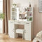 Buildonely Großer Schminktisch mit Beleuchtung und Hocker, Frisiertisch mit Spiegel, 3 Farben mit Einstellbare Helligkeit, Dressing Table mit 4 Ablagen, 3 Schubladens, Weiß