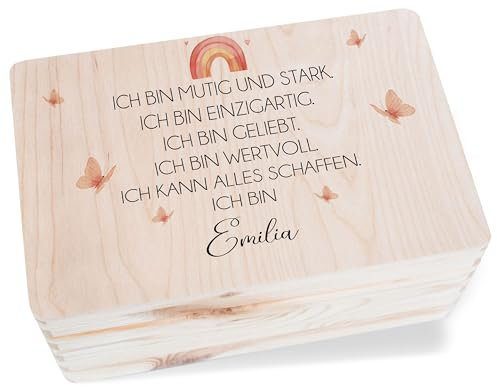 Erinnerungsbox - Motivation - Ich bin mutig und stark | Erinnerungskiste Taufe Holzkiste mit Spruch zum Schulanfang Geschenk Einschulung - 30 x 20 x 14 - Holz - box für kindererinnerungen