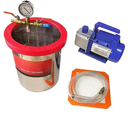 VCHICS AC-Vakuumpumpe, Edelstahl-Vakuumkammer 2/3/5 Gallonen Mit 3cfm Vakuumpumpe Entschäumerfass for Epoxidharz-AB-Kleber 9L/12L/20L(5Gal RS-1)