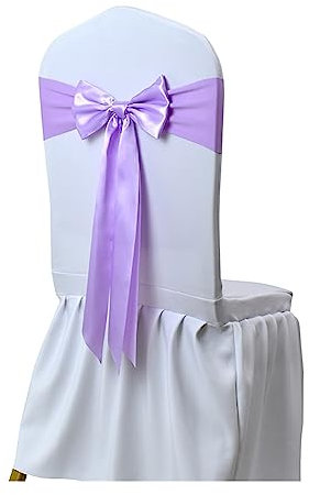 25pcs Lilac Satin Spandex Chair Sash Band Ribbons for Wedding Party Banquet Decor Elegant Chair Tie Backs and Knot Chair Bow Sashes