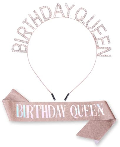 Birthday Queen Schärpe Strass Tiara Set Roségold Geburtstag Schärpe & Tiara für Frauen Prinzessin Geburtstagskrone Geschenke Glitzer Geburtstags Stirnband Party Kristall Haarschmuck für Mädchen