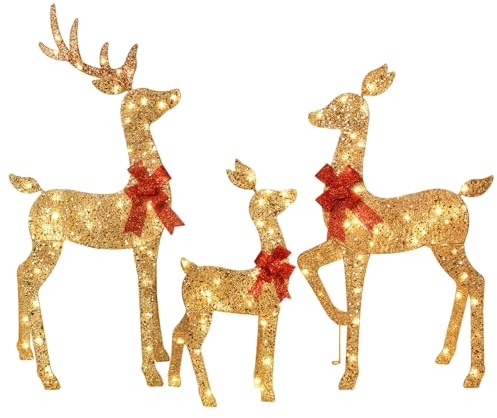 3-Piece 2D Lighted Christmas Deer Family Set - HOYECHI Large Outdoor Yard Reindeer Holiday Decoration with 145 LED Lights, Stakes, Zip Ties - Gold