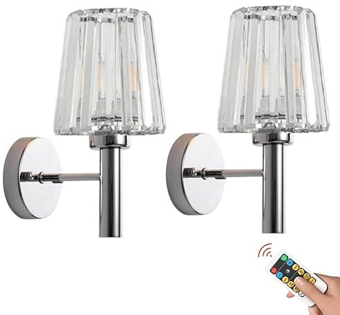 Silver Rechargeable Battery Operated Wall Sconces Bathroom Vanity Wall Lights with Glass Shade, Small Chrome No Wires Dimmable Battery Powered Wall Lamps for Bedroom Living Room Hallway Over Mirror TV