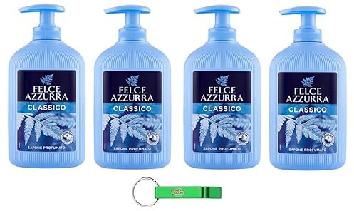 4 saponi Felce Azzurra Sapone Liquido Classico – Sapone liquido con profumo inconfondibile – Ideale per mani e viso 300 ml + portachiavi Beni Culinari