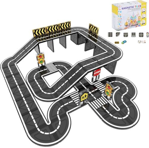 Magnetic Tiles Road Set, for Kids Ages 3-5 4-8 5-7, Magnetic Building Blocks Montessori Educational Creativity Sensory Toys 3+ Year Old Boys & Girls Toddlers Kids Christmas Birthday Gifts