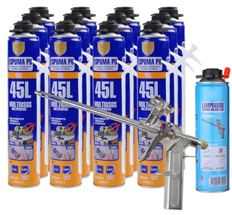 Kit Completo para Aplicación de Espuma de Poliuretano - Incluye 12 Botes de Espumas 750 ml, Pistola de Aplicación y Limpiador de Espuma de 500 ml - Perfecto para Sellado y Aislamiento