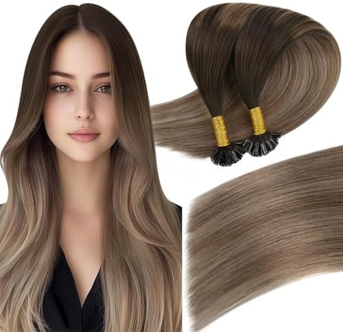 Easyouth Bonding Extensions Echthaar Ombre Braun Echthaar Extensions Keratin Bondings Dunkelbraun Balayage Blond Utip Extensions Haarverlängerung Echthaar Pre Bonded 1g/s 50G 50cm #2/6/18