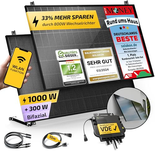 Solakon® 1000W Balkonkraftwerk mit Halterung (Wand) - Balkonkraftwerk 800W komplett Steckdose - neuester 800 Watt Wechselrichter - Solaranlage Komplettset - 500W bifaziale Solarmodule inkl. Zubehör