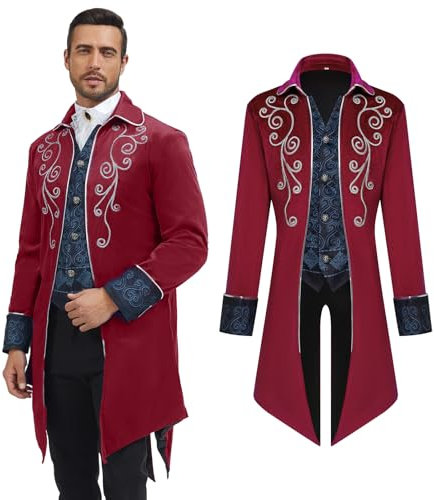AFJIODUV Steampunk Frack Mantel, Viktorianischen Vintage Gothic Frack Mantel, Mittelalter Renaissance Herren Steampunk Vintage Jacke Party Cosplay Herren Kostüme für Erwachsene (Rot, M)