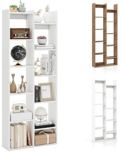 HOMASIS Libreria da Parete a 6 Ripiani con 10 Scomparti e 2 Mensole, Libreria Verticale a Forma di Albero con 2 Dispositivi Anti-Ribaltamento, Scaffale per Soggiorno, 65 x 20 x 162 cm (Bianco)