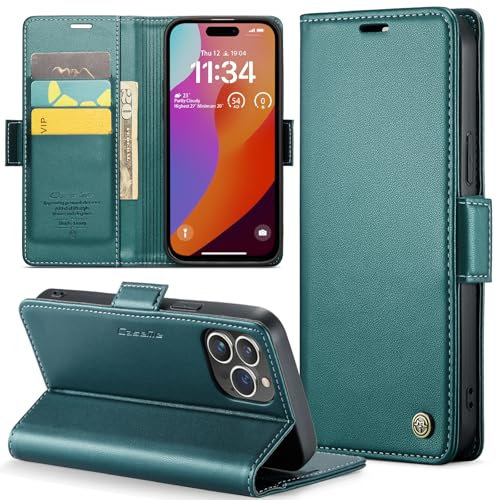 Rerzoiro for iPhone 15 Pro Case 6.1 Inch, Premium PU Leather Wallet Case Flip Cover with [RFID Blocking][Card Holder][Stand Function] Shockproof Protective for iPhone 15 Pro, Blue-Green