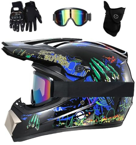 Doppelsport MTB Motocross Helm, mit Brille Handschuhe Maske, Jugend Kinder Integral Offroad ATV Roller Straße Motorrad Helme, Bergab BMX Quad Dirtbike Enduro Helm(Bright Black,M/54-55CM)