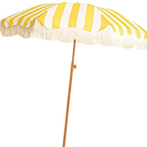 JTPMYFT Ombrellone da Esterno con Nappe, ombrellone da Spiaggia UPF50+ da 78,7 Pollici con Nappe, con palo in Legno e inclinazione a Pulsante, a Righe Gialle e Bianche