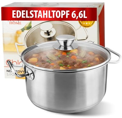 MAGIC HOME Bratentopf mit Deckel 26 cm 6.6 Liter | INDUKTION | Topf aus Hochwertiger Edelstahl | Großer Kochtopf, Glasdeckel | 26cm | Satin-Finish | Alle Herdarten, Induktionsherd | Suppentopf | Chloe