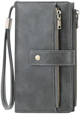 NEWIROVE Portemonnaie Damen Gross, Geldbeutel Damen RFID Schutz Geldbörse Pu Leder Vintage Wallet for Women Groß Viele Fächer Mit 24 Kartenfächer Und 2 ID Fenster，Grau