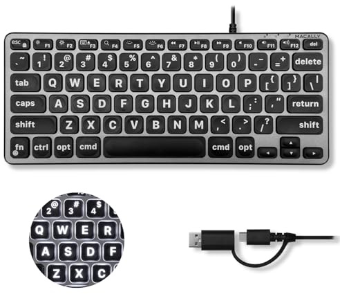Macally Teclado de impresión grande para Mac (USB-C dual y USB-A), teclado pequeño retroiluminado, mini teclado USB compacto con teclas de interruptor de tijera silenciosas, compatible con MacBook Air