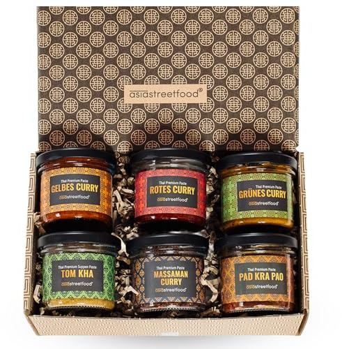 asiastreetfood Thai Curry Geschenkbox - Rote, Grüne und Gelbe Currypaste | Set mit 6 Pasten: Massaman Currypaste, Pad Krapao und Tom Kha Gai Paste, je 100 g, authentisch für thailändische Gerichte