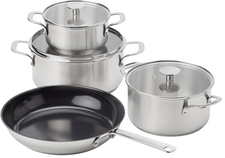 KitchenAid Stainless Steel 4-Piece Cookware Set, 28cm Frying Pan | Stainless Steel Sheet 4-piece cookware set with 16/20/24cm pots, 28cm frying pan and induction tri-ply bases