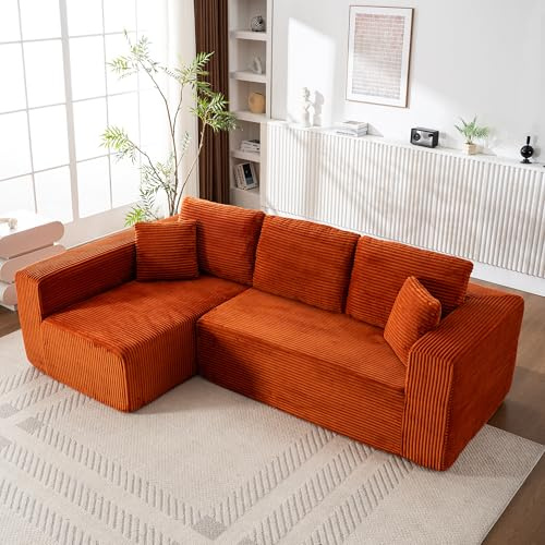 HMHKHN Modulares Sofa, L Sofa mit Schlaffunktion, Boneless Couch, Ecksofa, Schlafsofa mit Loungesessel, Corduroy, 3 Kissen, 2 Kopfkissen, Ohne Montage, Weicher Komfort, 258×155×89cm (Orange)