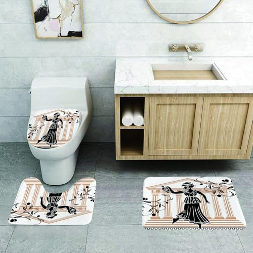 ZLSXAOASP Set di 3 tappetini da Bagno, Lavabili in Lavatrice e Antiscivolo, in Morbida Fibra Superfine, con Motivo Toga Party, Donna Greca con anfora e Rami d'ulivo, Cultura Popolare.