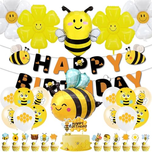 47 Stück Biene Geburtstag Deko, Tortendeko Geburtstag Biene Luftballons Mit Happy Birthday Girlande, Gänseblümchen Folienballon Gold Luftballon für Party Kindergeburtstag Dekoration
