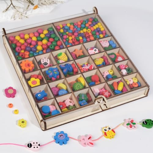 ARTREE Holzperlen zum Auffädeln 440 Stück, DIY Handwerk Bunte Holzperlen-Set Kinder, Blumen Schmetterling und Tiere perlen mit Loch für Armbänder Schnurset Halsketten, Geschenk für Mädchen ab 4 Jahren
