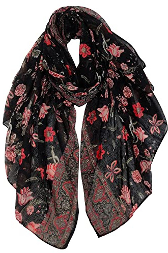 GERINLY Black and Red Floral Scarf Vintage Summer Scarves for Women