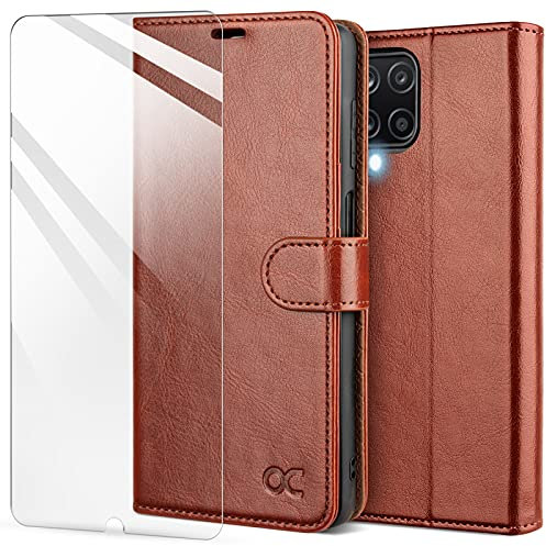 OCASE Hülle für Samsung Galaxy A12/M12 Handyhülle [Mit Schutzfolie] [Premium PU Leder] [Kartenfach] Flip Case Cover Schutzhülle Etui Klapphülle Braun