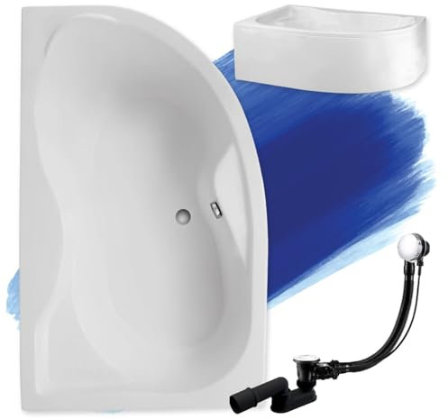 BADLAND Badewanne Original Weiß Acryl Wanne Eckbadewanne DORA 170x110 Links KOMPLETTSET SET mit Weiß Acrylschürze + Füßen und Exklusive Chrom Automatik Ablaufgarnitur Made in EU 4in1